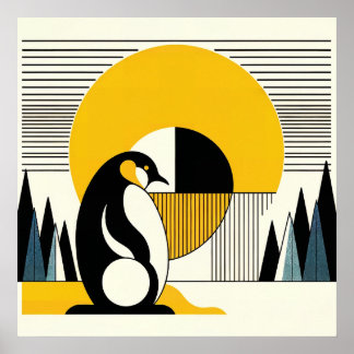 Pingouin noir jaune Abstrait soleil Art Déco