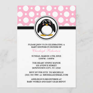 Pingouin Pink Polka Dot Baby Shower Invitations
