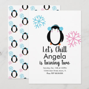 Pingouin rose Bleu des flocons de neige Invitation