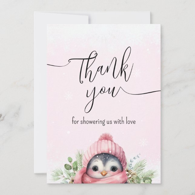 Pingouin rose pâle Carte de remerciements de neige (Devant)