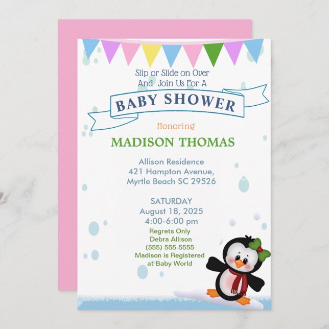 Pingouin Sur Invitation Baby shower De Glace (Devant / Derrière)