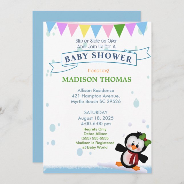 Pingouin Sur Invitation Baby shower De Glace (Devant / Derrière)