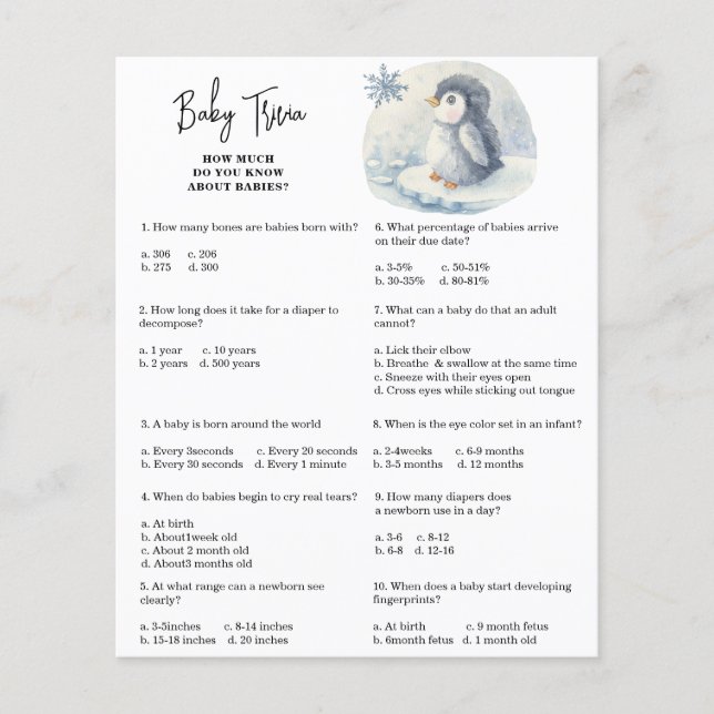 Pingouin - Trivia bébé | Jeu Baby shower (Devant)
