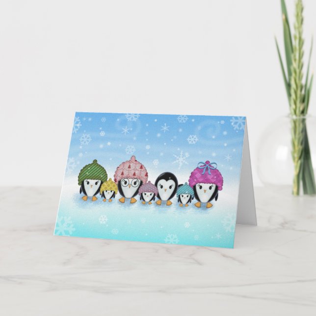 Pingouins dans la carte de vacances de neige (Devant)