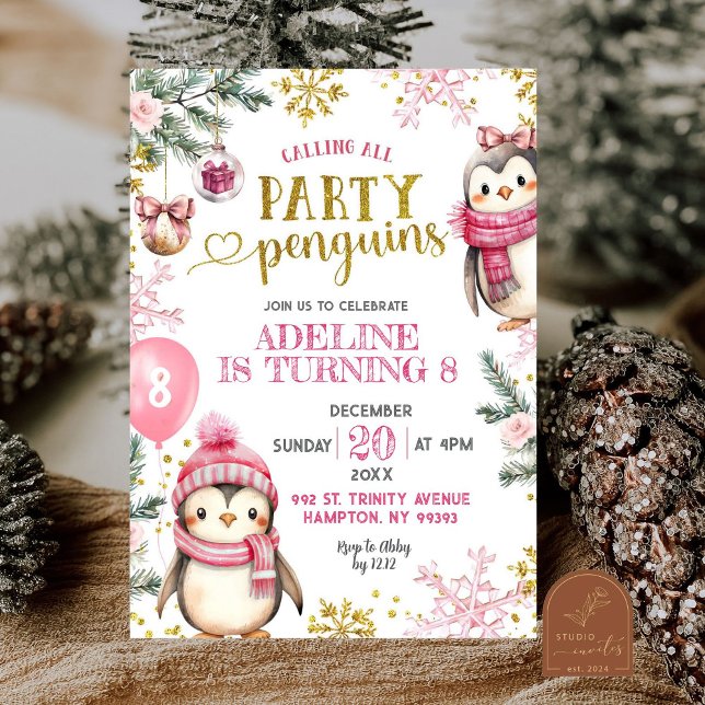 Pingouins de la fête rose hiver Invitation d'anniv (Créateur téléchargé)