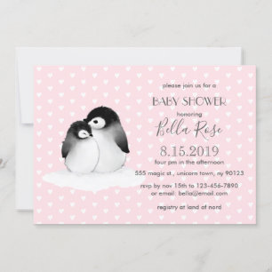 Pingouins gris rose Coeurs Baby shower Invitation