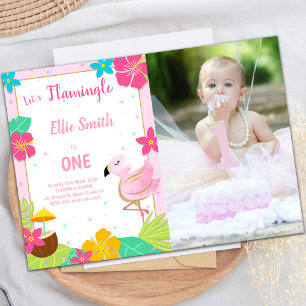 Pink 1er anniversaire Flamant rose Invitations ave