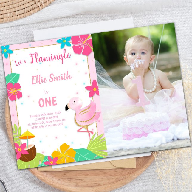 Pink 1er anniversaire Flamant rose Invitations ave (Pink 1st Birthday Flamingo Invitations with photo)