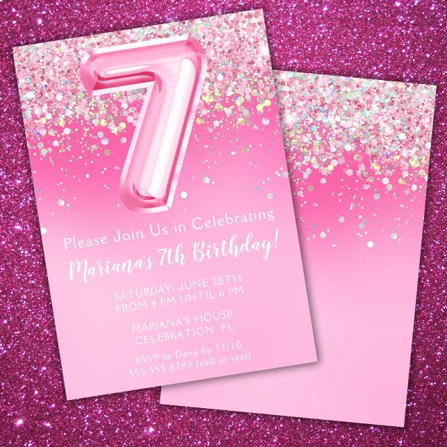 Pink 7th Birthday Invitation Girl Parties scintill (Créateur téléchargé)