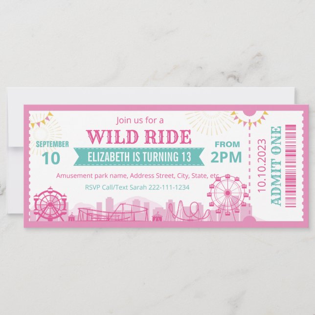 Pink Amusement Park Birthday Invitation Ticket  (Devant)