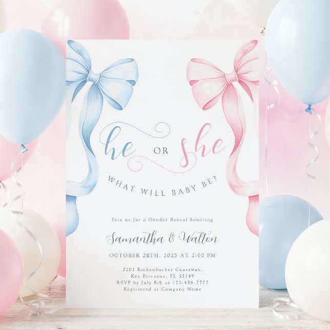 Pink and Blue Bows Gender Reveal Invitation (Créateur téléchargé)