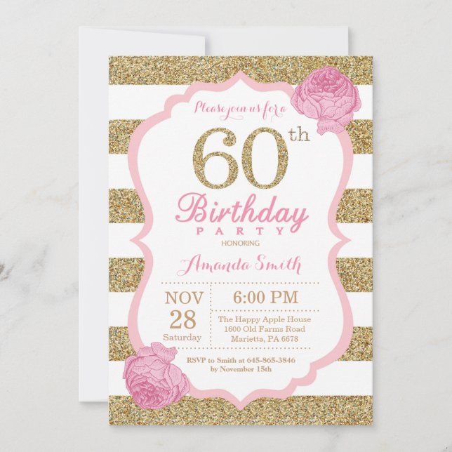 Pink and Gold 60th Birthday Invitation Floral (Devant)