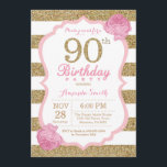 Pink and Gold 90th Birthday Invitation Floral<br><div class="desc">Pink and Gold 90th Birthday Invitation. Parties scintillant rose et or. Les rayures rose et blanche. Fleur Florale Rose. Anniversaire adulte. Fête d'anniversaire des femmes. Pour plus de personnalisation,  cliquez sur le bouton "Customiser" et utilisez notre outil de conception pour modifier ce modèle.</div>