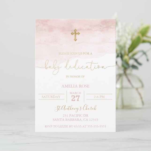 Pink and Gold Baby Dedication Invitation Baby Girl (Debout devant)
