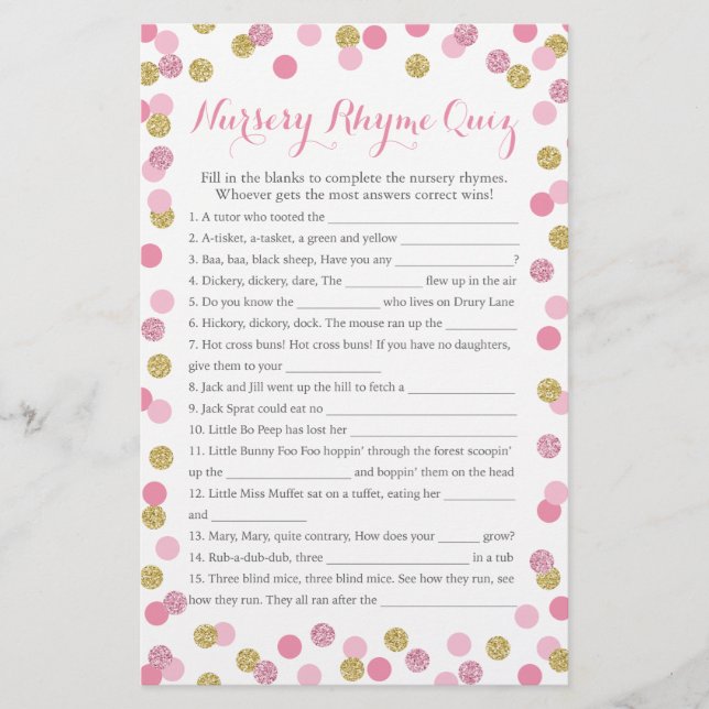 Pink and Gold Baby shower Nursery Rhyme Quiz (Devant)
