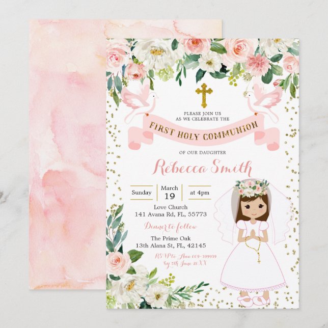 Pink and Gold Girl First Holy Communion Invitation (Devant / Derrière)