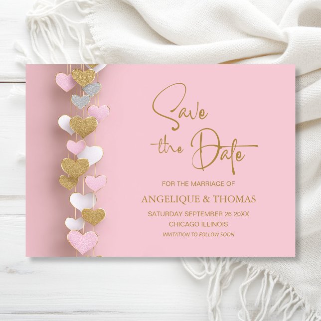 Pink and Gold Hearts Wedding Save the Date (Créateur téléchargé)