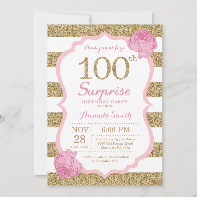 Pink and Gold Surprise 100th Birthday Invitation (Devant)