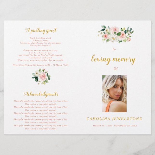 Pink And Gold Woman Celebration Of Life Program (Devant)