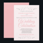 Pink and Grey Simple Elegant Wedding Invitation<br><div class="desc">Cette belle faire-part de mariage présente un design simple et classique de texte gris sur un arrière - plan rose pâle avec des bordures florales en faux feuille argent. Design chic et élégant,  à la fois formel et simple,  avec de belles lettres de script.</div>
