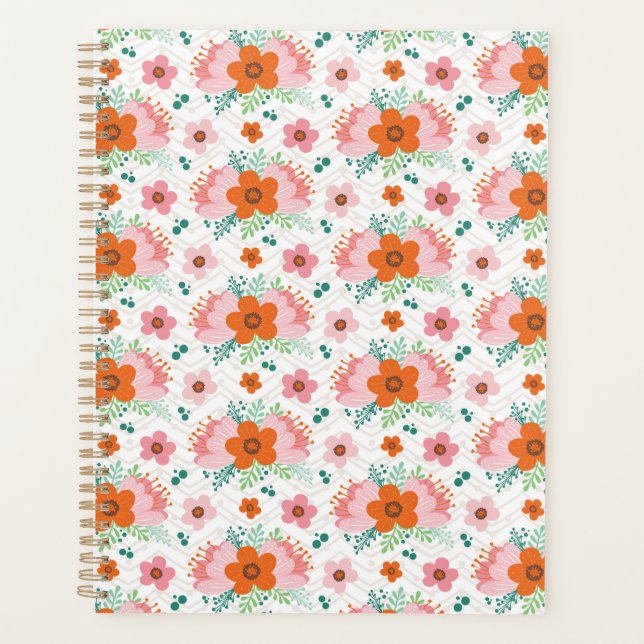 Pink and orange floral bouquet patterned planner (Devant)
