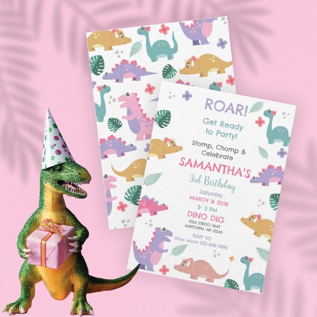 Pink and Pastel Girls Dinosaur Birthday Invitation (Créateur téléchargé)