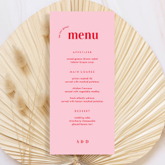 Pink and Red Retro les années 70 Mariage Menu & Ba