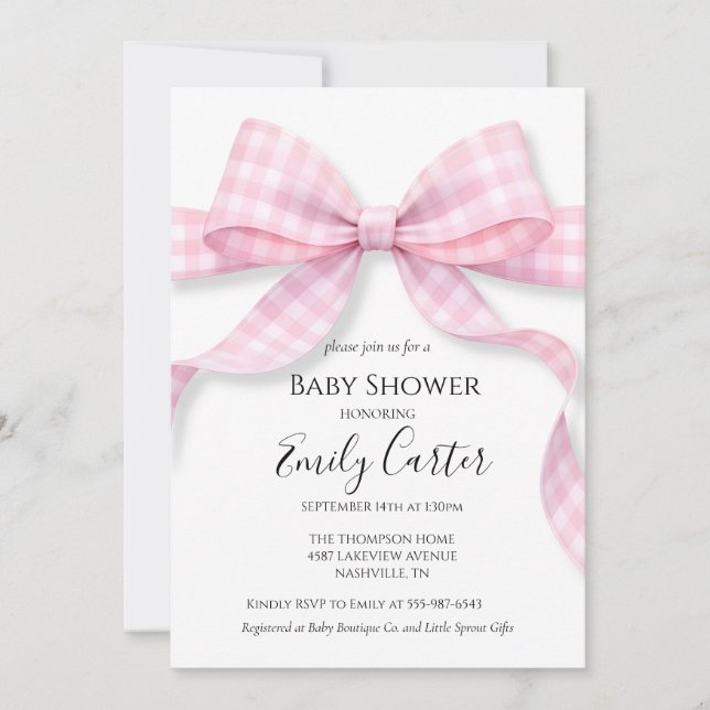 Pink and White Gingham Bow Baby Shower Invitation (Devant)
