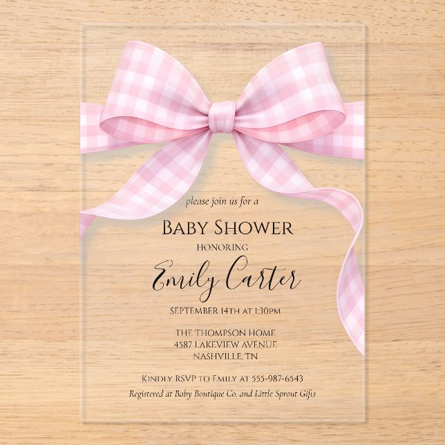 Pink and White Gingham Bow Baby Shower Invitation (Recto)