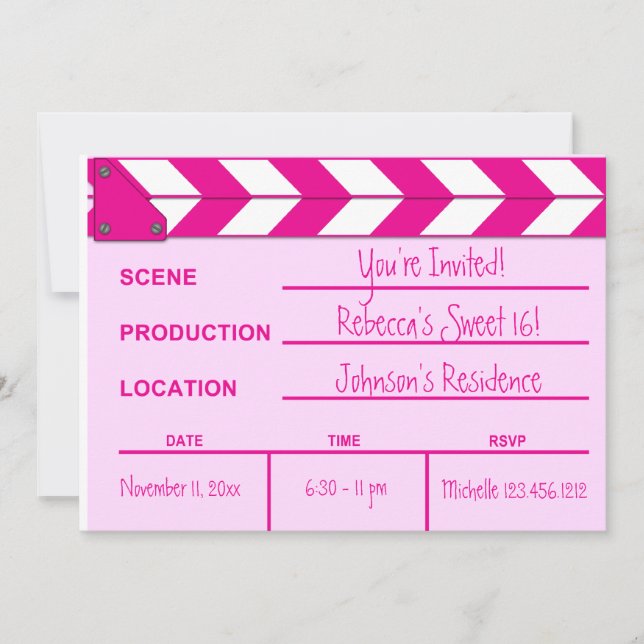 Pink and White Movie Clapboard Sweet 16 invitation (Devant)