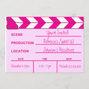 Pink and White Movie Clapboard Sweet 16 invitation