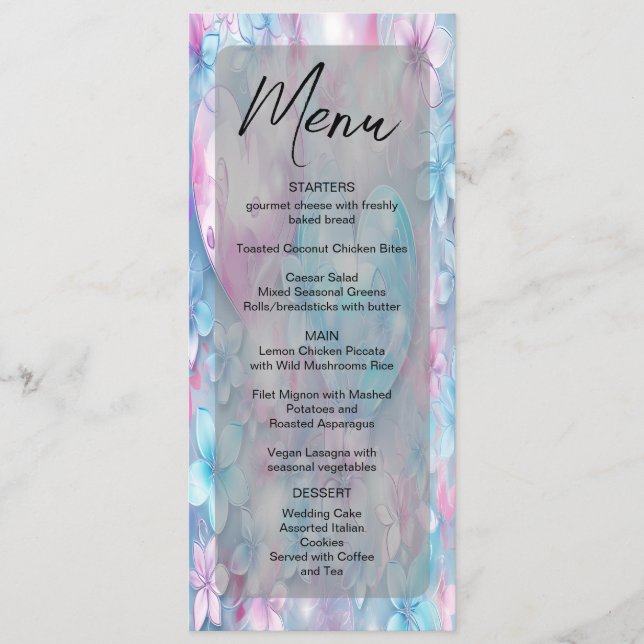 Pink Aqua Hearts and Flowers Menu Mariage (Devant)