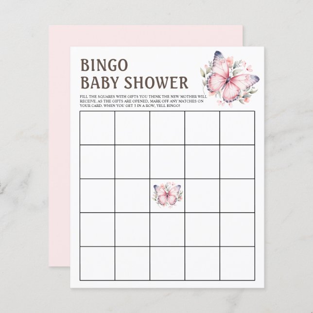 Pink Aquarelle Papillon Baby shower Bingo Jeu (Devant / Derrière)