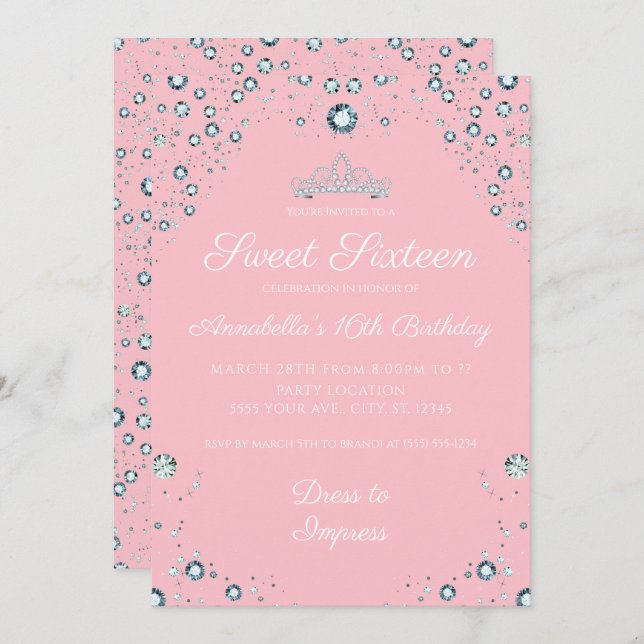 Pink avec diamants Invitations d'anniversaire (Devant / Derrière)