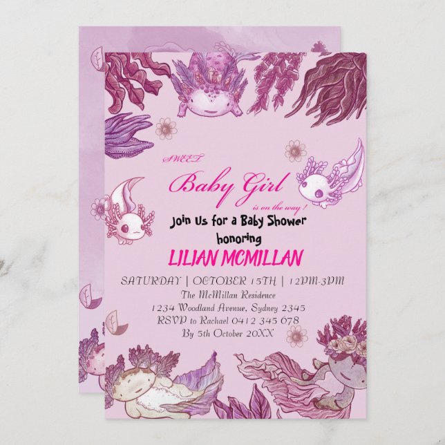 PINK AXOLOTL Baby shower Invitation fille (Devant / Derrière)