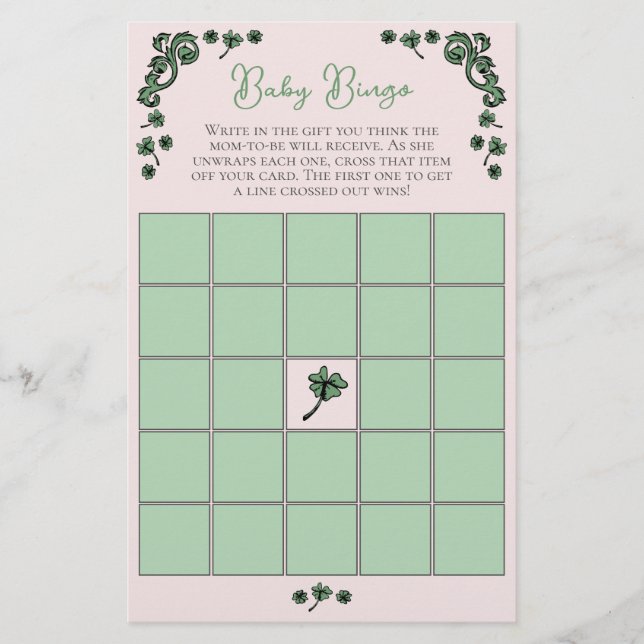 Pink Baby Bingo St Patrick's Day Baby shower Jeu (Devant)