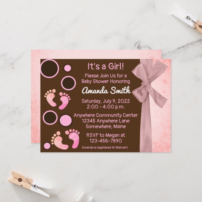 Pink Baby Feet Girl Baby Shower Invitations (Devant/Arrière en situation)