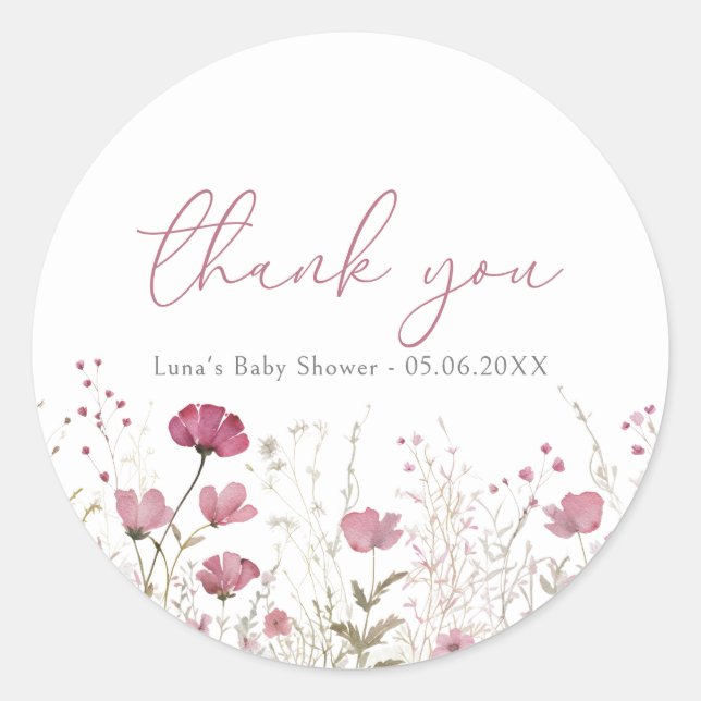 Pink Baby In Bloom Wildflower Shower Favor Sticker (Devant)