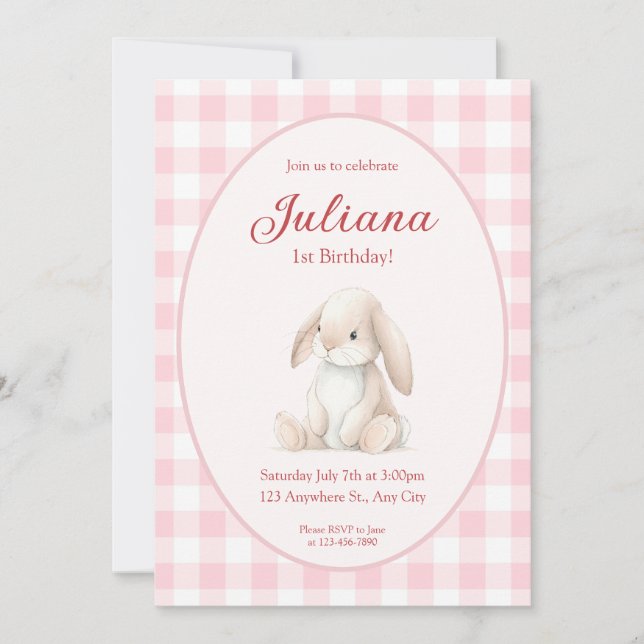 Pink Babys First Birthday Bunny Invitation (Devant)