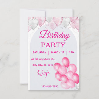 Pink Balloon Birthday Party Invitation Watercolor