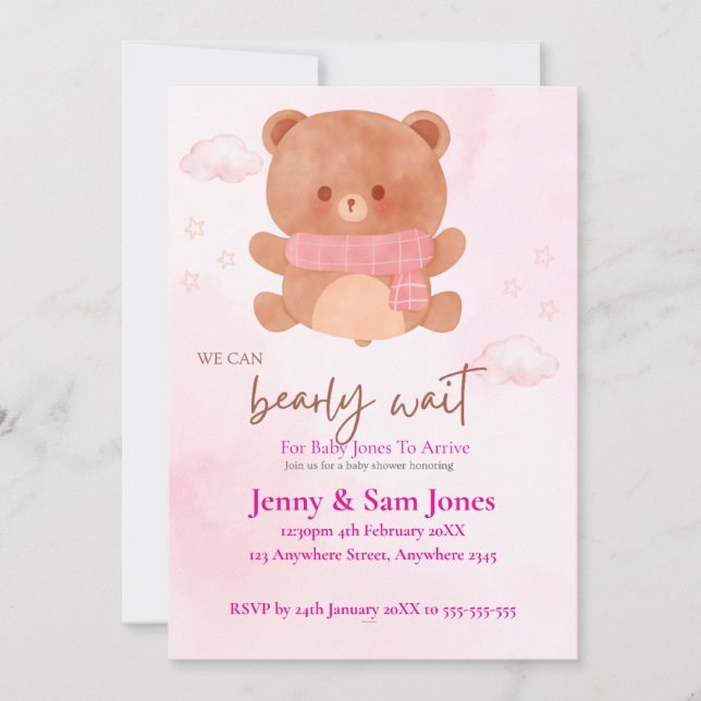 Pink Bear Baby Shower Invitation | Cute & Customis (Devant)