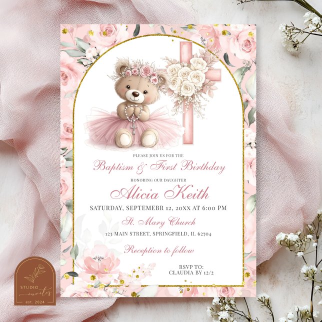 Pink Bear Baptism & First Birthday Invitation (Créateur téléchargé)