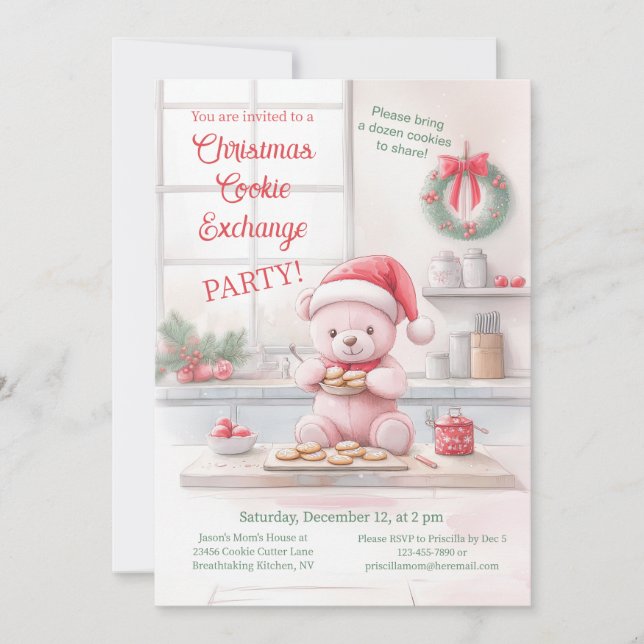Pink Bear Christmas Cookie Exchange Invitation (Devant)
