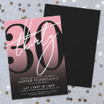 Pink Black 30th Birthday Party Invitation<br><div class="desc">Célébrez trente ans de style avec cette invitation de fête de 30e anniversaire moderne rose à noir dégradé. Le design est composé d'un grand "30" noir sur la plupart des cartes, avec une écriture manuscrite blanche "Thirty" superposée pour un look audacieux et contemporain. Les détails de la fête sont bien...</div>