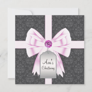 Pink Black Damask Baby Christening Invitations