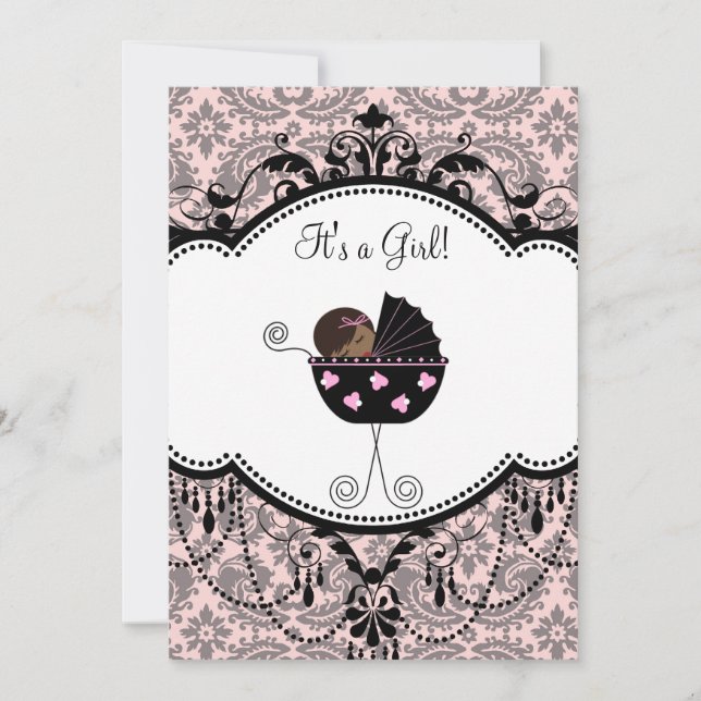 Pink Black Damask Baby Girl Douche Invitations (Devant)
