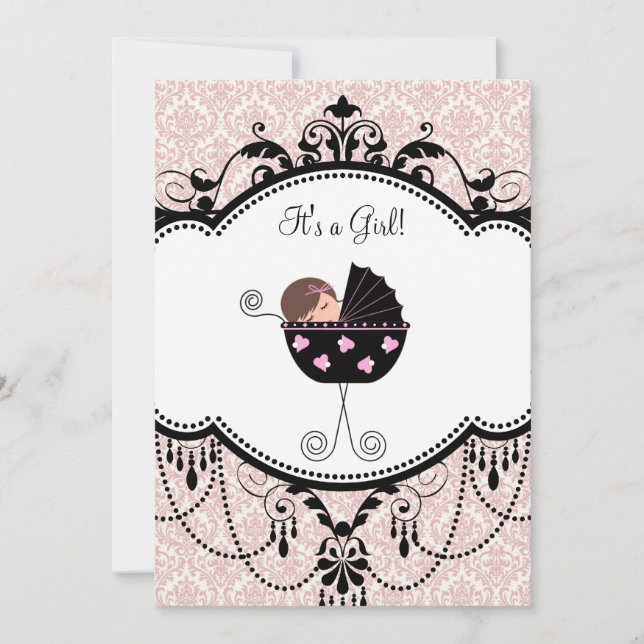 Pink Black Damask Baby Girl Douche Invitations (Devant)