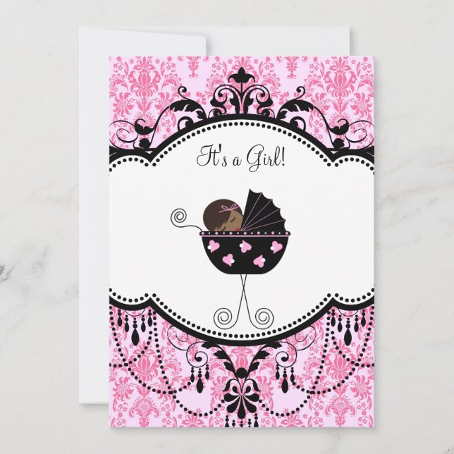 Pink Black Damask Baby Girl Douche Invitations (Devant)