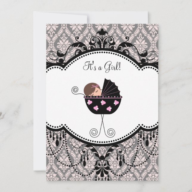 Pink Black Damask Baby Girl Douche Invitations (Devant)