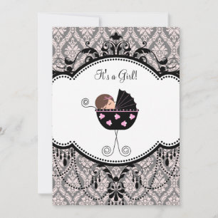 Pink Black Damask Baby Girl Douche Invitations